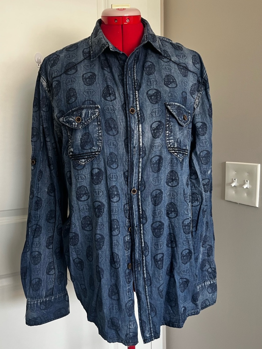 Philipp Plein Blue Denim Skull-Print Jacket